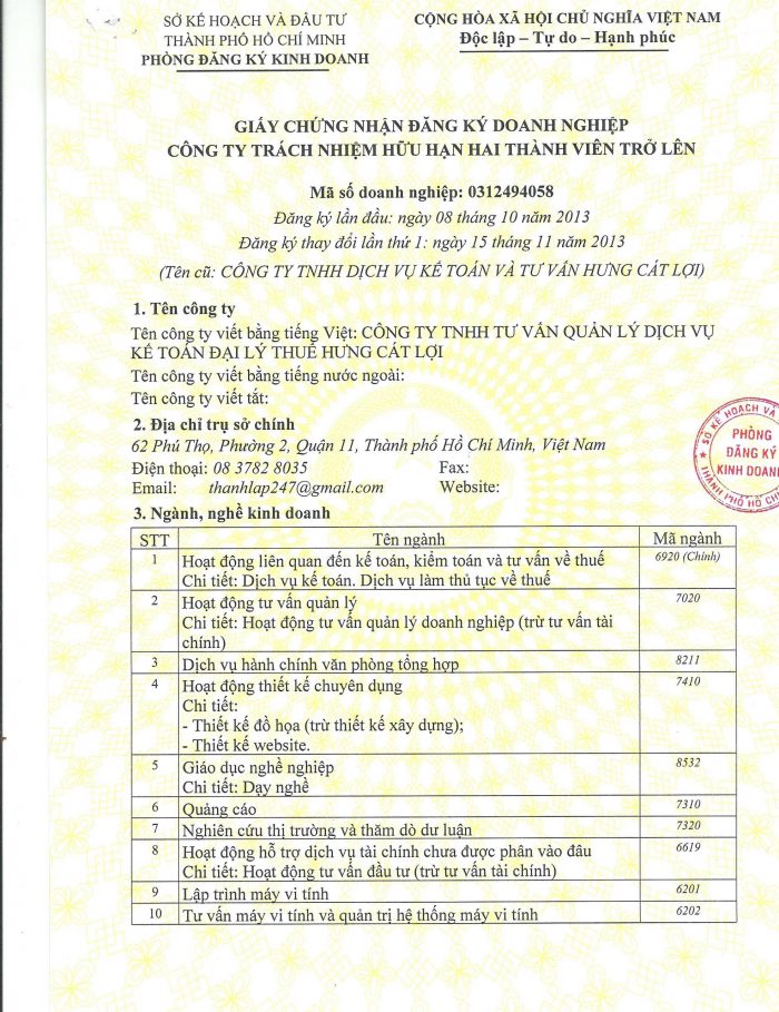 giấy chứng nhận làm kế toán thuế của công ty Hưng Cát Lợi